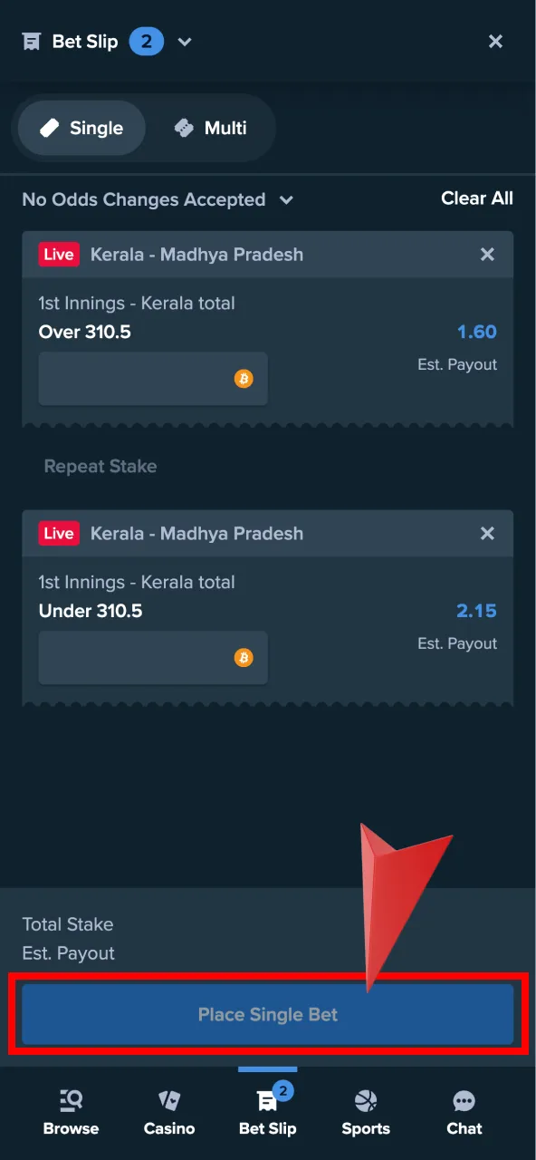 Place your bet on IPL in Stake by selecting odds and amount.